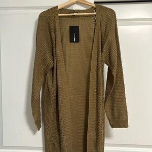 Tan khaki knit cardigan sweater oversized long sleeve maxi length